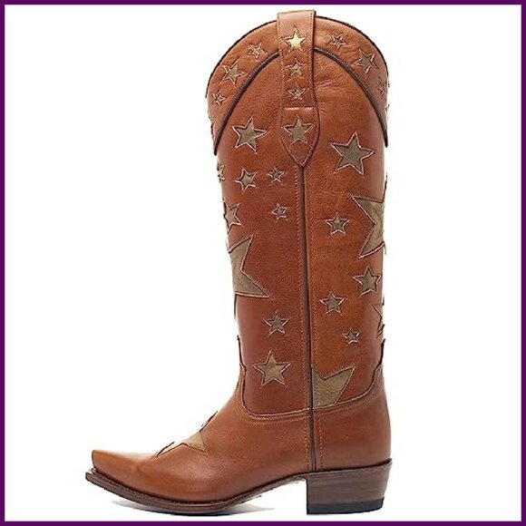 Women's Star Cowboy Boots Pointed Toe Chunky Low Heel Pull-On Wide Calf - Picture 2 of 8